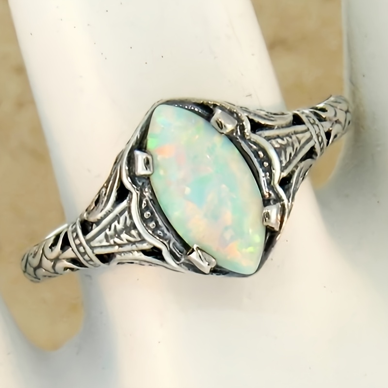 Women's Vintage Marquise Cut Synthetic Opal Solitaire Ring
